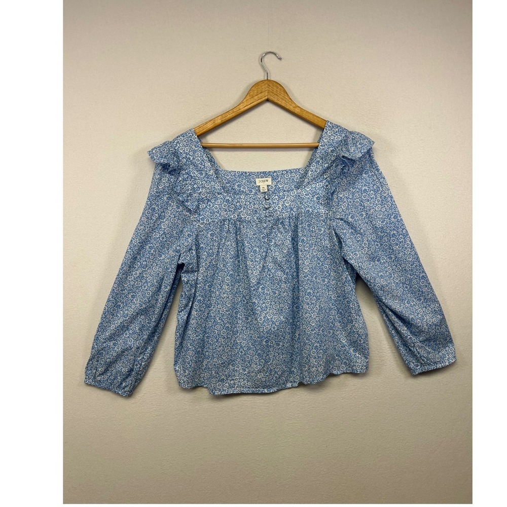 Romantic Prarie J.Crew Womens XL Blue Floral Ruffle Square Neck Cotton Blouse